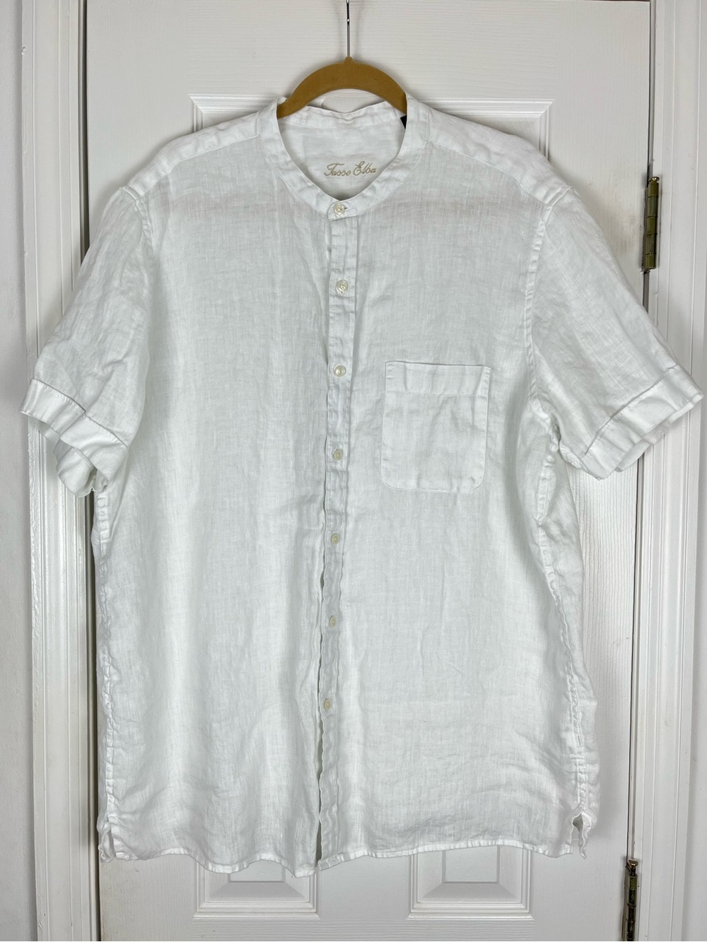 Tasso Elba Linen White Collarless Short Sleeve Button Up Shirt Men’s XL Beach
